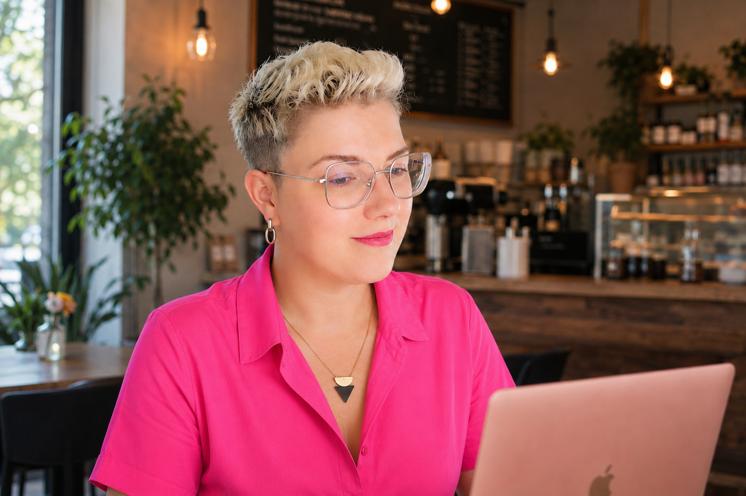 Kim Pinelli arbeitet konzentriert am Laptop in einem Café